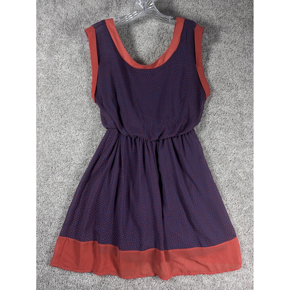 Lush Navy Blue Red Polka Dot Sleeveless Elastic Waist Mini Dress Size S‎